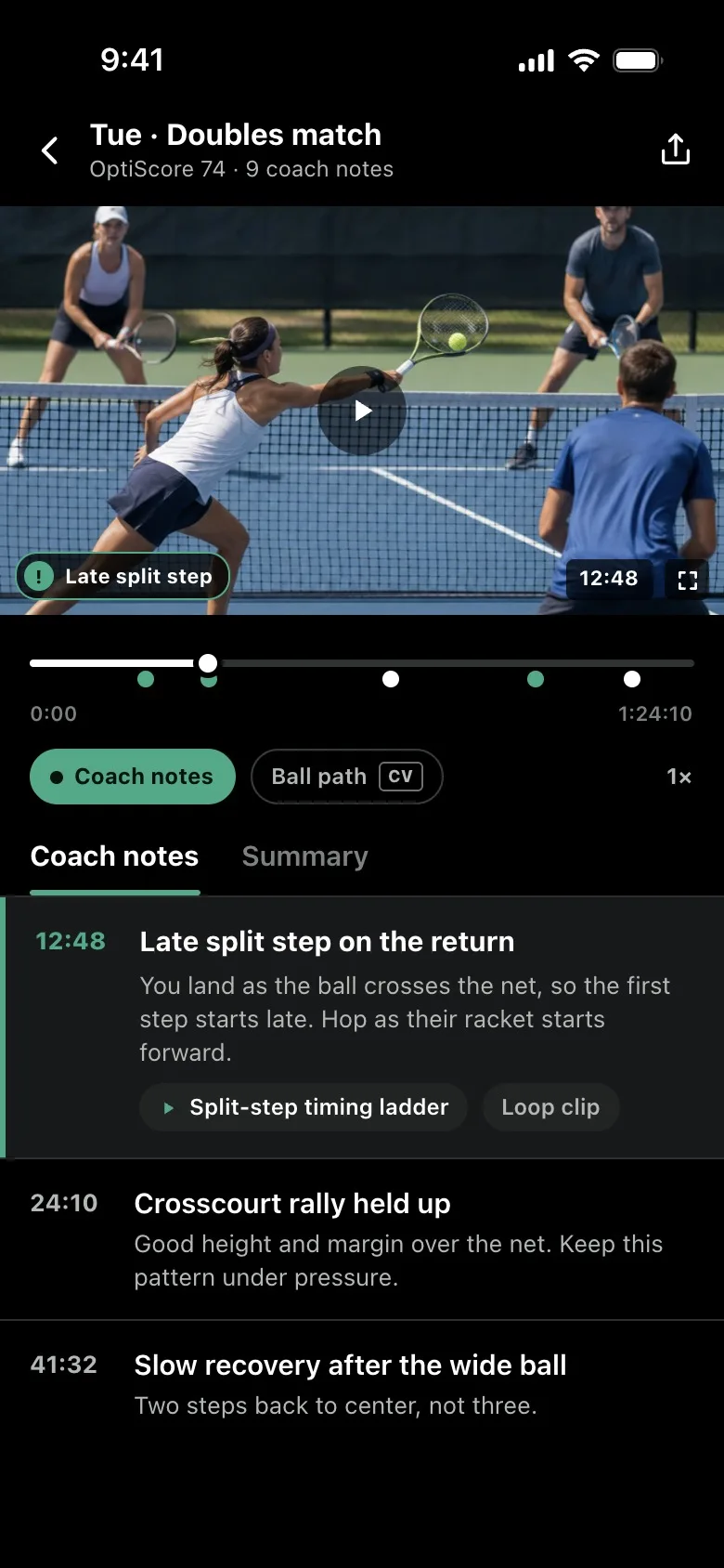 Court Pro review screen with timestamped coach notes