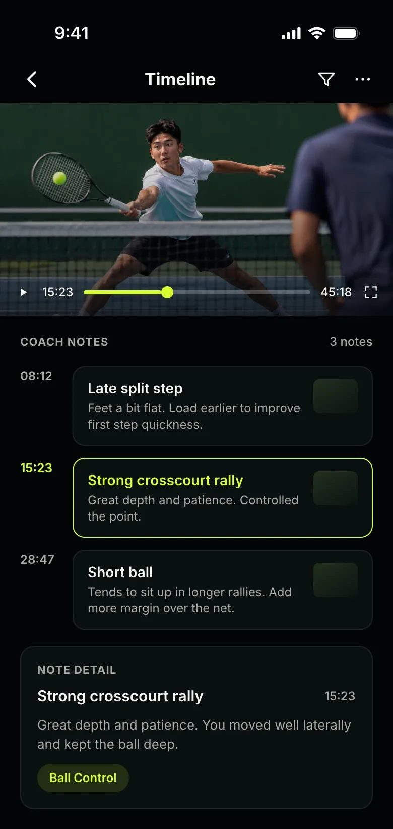 Court Pro report timeline with coaching notes